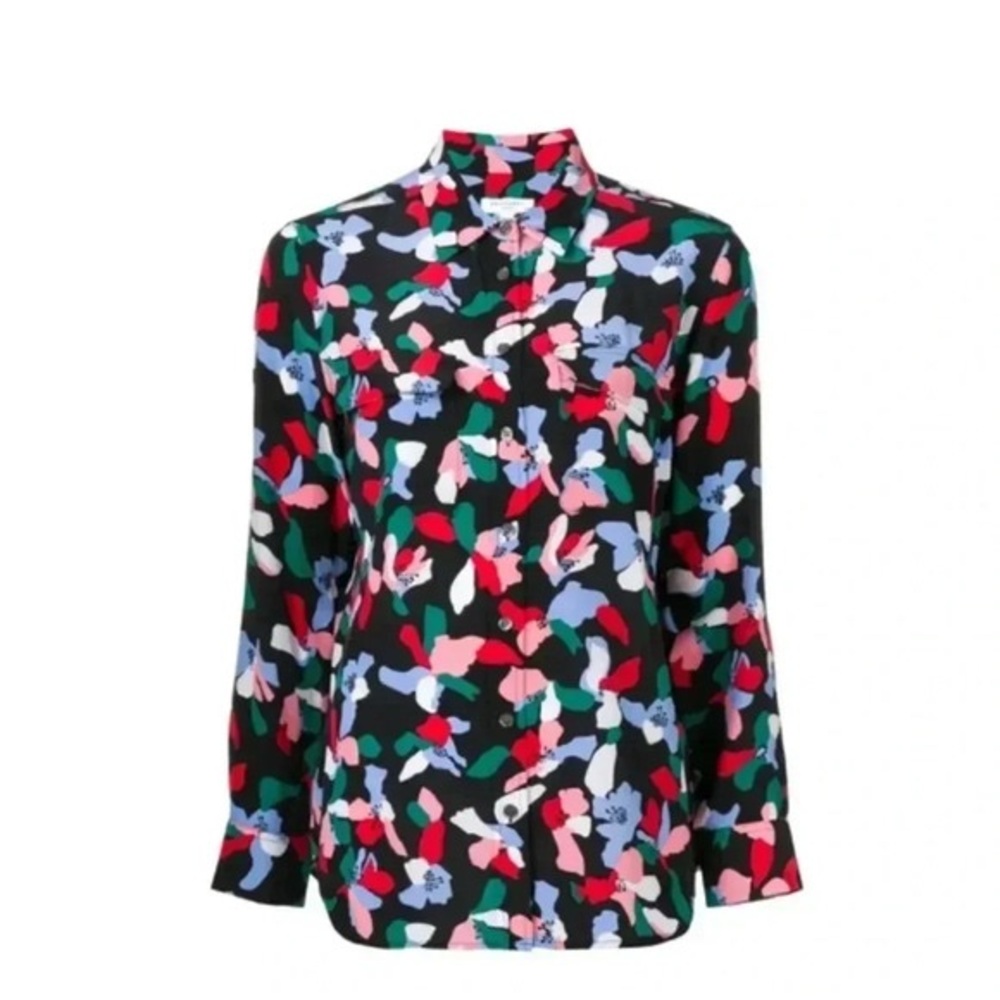 Equipment Floral Print Silk Button-Up Blouse in Black Multi